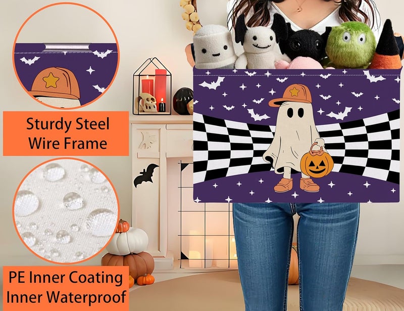 BOOHIT Large Halloween Themed Candy Gift Boo Basket for Kids Baby Personalized Adults Storage Bin Fall Decor(Baseball Hat Grid Spooky) - Image 3